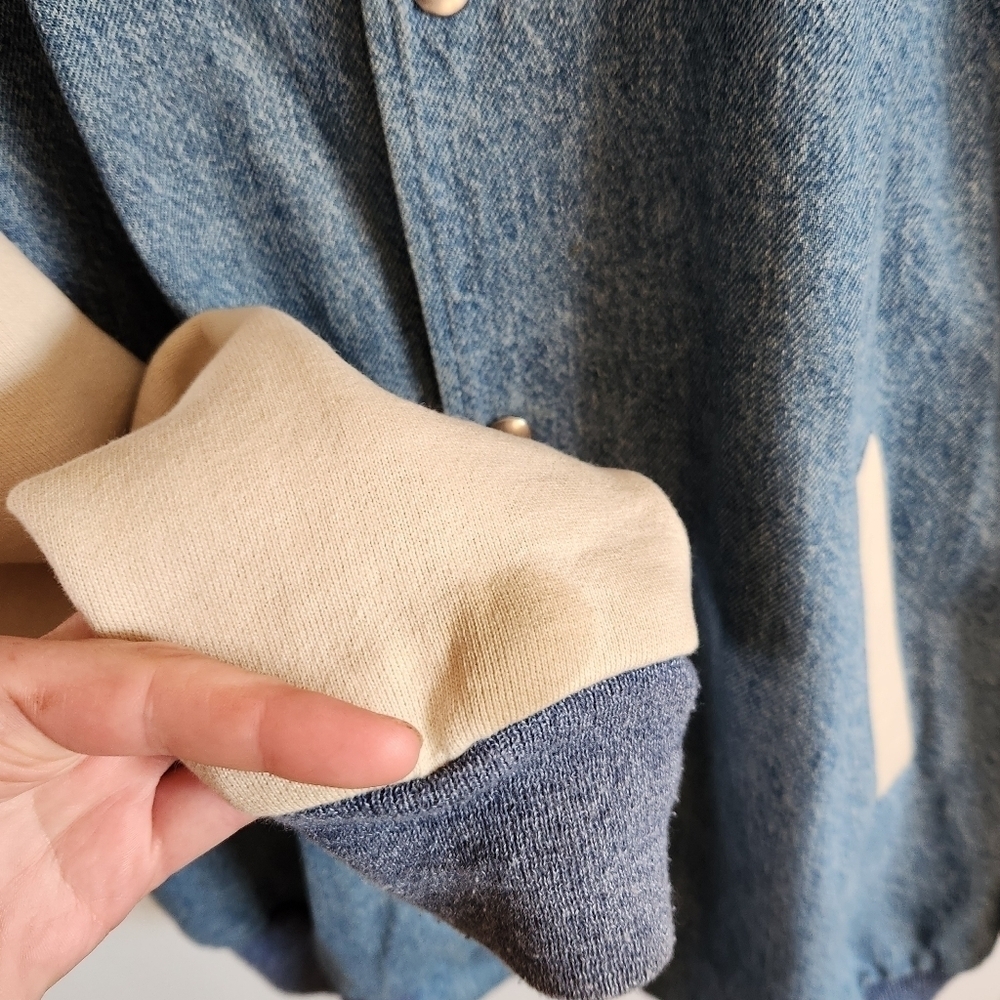 Vintage Varisty Jacket Denim Cotton Maine Blue Cream Large L - Picture 7 of 11
